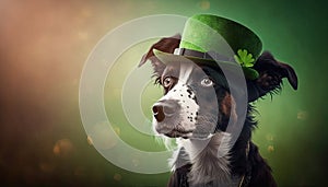 Cute Dog with Green St. Patrick's Day Hat on a blurred colored background. Generative AI