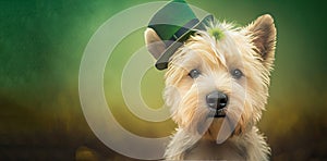 Cute Dog with Green St. Patrick's Day Hat on a blurred colored background. Generative AI