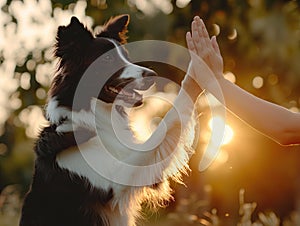 Cute dog greeting paw touching man's hand