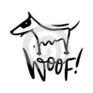 Cute dog hand drawn vector illustration and Woof phrase lettering. Isolated on white background.