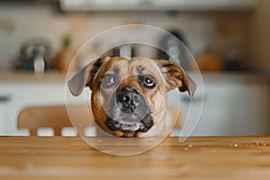 Cute dog head begging for food at kitchen table, hungry eyes of pet, dog portrait