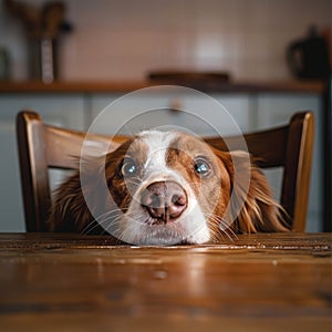 Cute dog head begging for food at kitchen table, hungry eyes of pet, dog portrait