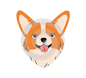 Cute dog head of Welsh Corgi breed. Happy companion doggy, canine face avatar. Funny smiling puppy with tongue, muzzle