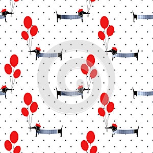 Cute dog holding balloons seamless pattern on polka dots background.