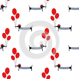 Cute dog holding balloons seamless pattern on white background.