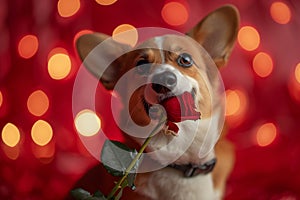 Cute dog holding flower in his mouth on red background. Love and romantic. Spring greeting card