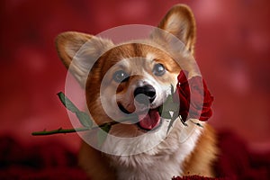 Cute dog holding flower in his mouth on red background. Love and romantic. Spring greeting card