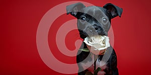 Cute dog holding flower in his mouth on red background. Love and romantic. Spring greeting card