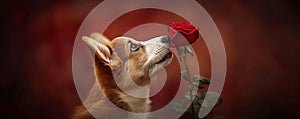 Cute dog holding flower in his mouth on red background. Love and romantic. Spring greeting card