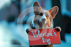 A cute dog holding a sign with an inscription in its paws sign with the inscription Valentines Day ,Generative AI