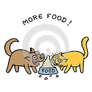 Cute dog Kik and cat Tik divide food from one bowl. Vector illustration