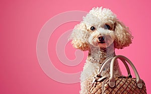 Cute dog with ladies handbag on pink background. Generative AI