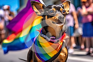cute dog at lgbt gay street parade, rainbow symbol clothing flag, generative AI