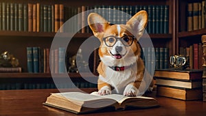 cute dog in the library information intelligent looking education