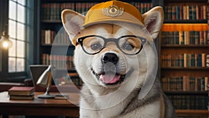 cute dog in the library information intelligent looking education friendly