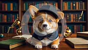 cute dog in the library information intelligent looking science