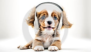 A cute dog listens to music with headphones in a white background, ai generative illustration