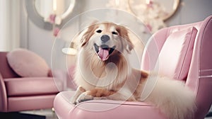 Cute dog with long hair sits in a beauty salon