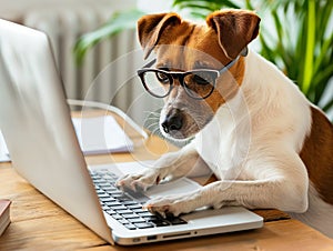 Cute dog looking at laptop in glasses, looking at a computer and working with glasses