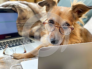 Cute dog looking at laptop in glasses, looking at a computer and working with glasses