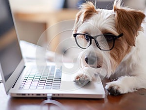 Cute dog looking at laptop in glasses, looking at a computer and working with glasses