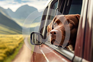 Cute dog looking out of car window on the background of mountains. Generative AI