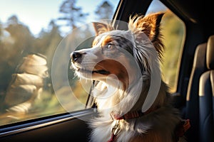 Cute Dog Looking Out Of Car Window While Driving in a Back Seat of Car. AI Generated