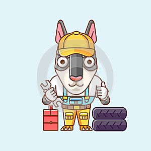 Cute dog mechanic with tool at workshop cartoon animal character mascot icon flat style illustration concept