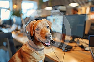 Cute dog in an office answering calls in a call center. Generative AI