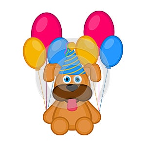 Cute dog with a party hat and balloons