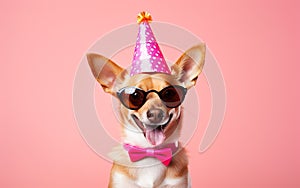 Cute dog in Party Hat, bow tie and Sunglasses over pink background