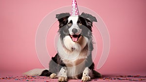 Cute dog in party hat celebrating birthday with falling confetti on pastel background