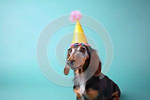 A cute dog with a party hat and party glitter created with generative AI technology