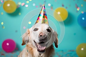 A cute dog with a party hat and party glitter created with generative AI technology