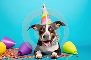 A cute dog with a party hat and party glitter created with generative AI technology
