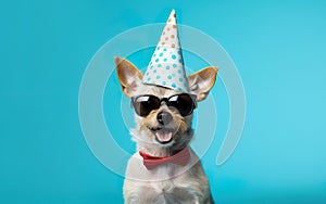 Cute dog in Party Hat, red bow tie and Sunglasses over blue background, bithday banner