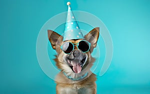 Cute dog in Party Hat and Sunglasses over blue background, bithday banner