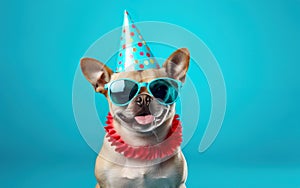 Cute dog in Party Hat and Sunglasses over blue background, Funny Pet Celebrating