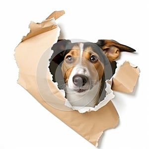 Cute dog peeking out of paper hole, AI Generated