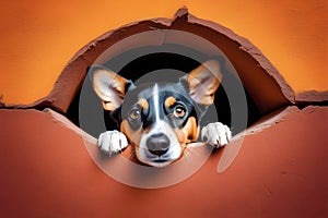 A cute dog peeks out of a hole in the wall with big curious eyes