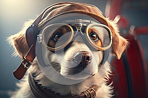 cute dog with pilot's cap and goggles on, posed in front of plane