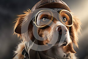 cute dog with pilot's cap and goggles on, posed in front of plane