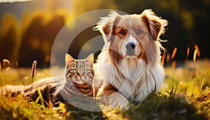 Cute dog and playful puppy enjoy outdoors, nature beauty generated by AI