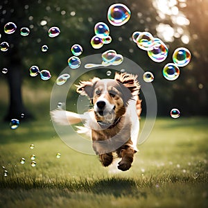 Cute dog playing with bubbles - ai generated image