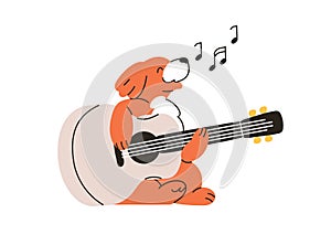 Cute dog playing guitar, performing music on string instrument. Funny doggy pet singing song. Talented puppy musician