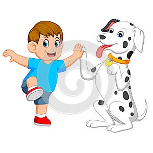 A cute dog is playing with his owner and holding his hand