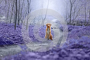 Cute dog playing in the woods. Nova Scotia duck tolling Retrieve