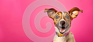 cute dog portrait over pink background, panoramic layout.