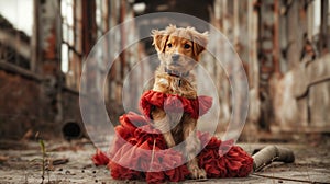 a cute dog poses as a model with a pretty dress