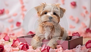 Cute dog presenting Valentine\'s day gift box lying on rose flower petals